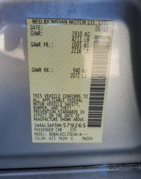 2013 Nissan Altima 2.5 z USA, uszkodzony, nr VIN 1N4AL3AP3DN579265